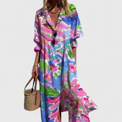 Vestido bohemio elegante con estampado artístico, escote en V con botones y falda midi fluida para mujer