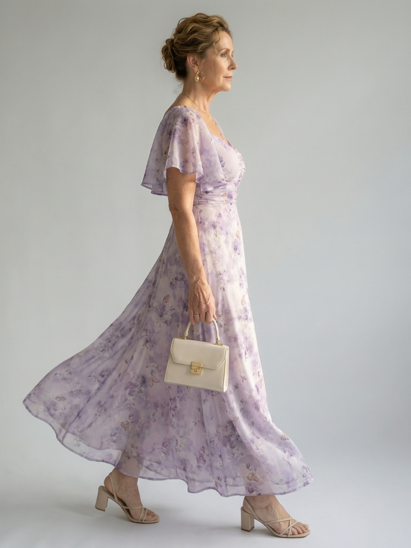 Vestido Midi con Estampado Floral y Pliegues | Manga Larga Elegante