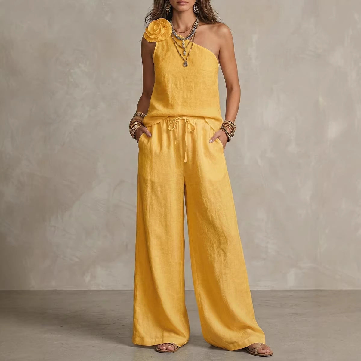 Dual | Conjunto Bicolor Elegante con Camisa Sin Mangas y Pantalones Anchos