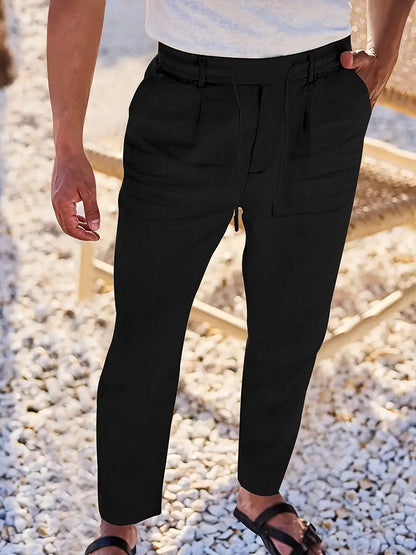 Pantalones anchos de lino con cordón para mujer, ligeros y transpirables para verano o viaje