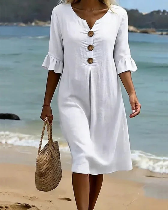 Vestido con Textura de Lino y Manga Abullonada | Estilo Elegante