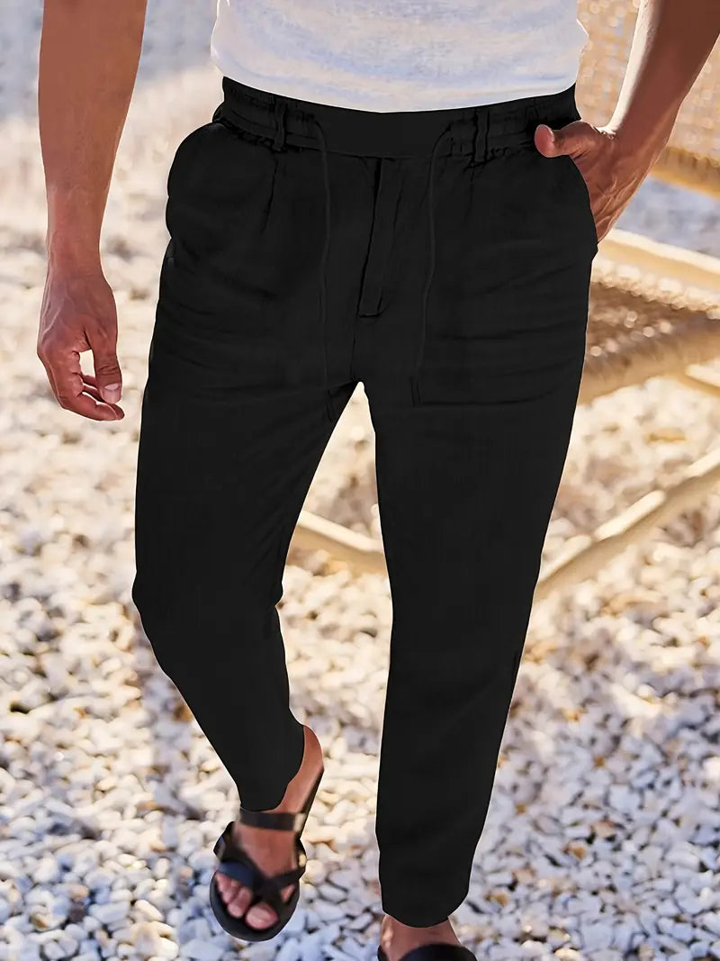 Pantalones anchos de lino con cordón para hombre - fresco y elegante