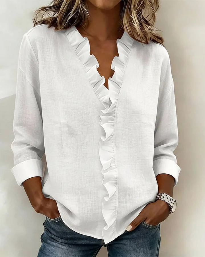 Blusa femenina con volantes, cuello en V y corte fluido para mujer, cómoda y sofisticada