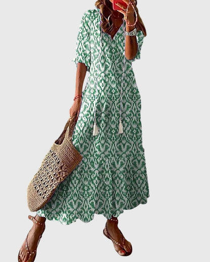 Vestido boho vintage de verano con estampado floral, escote en V y falda maxi fluida para mujer