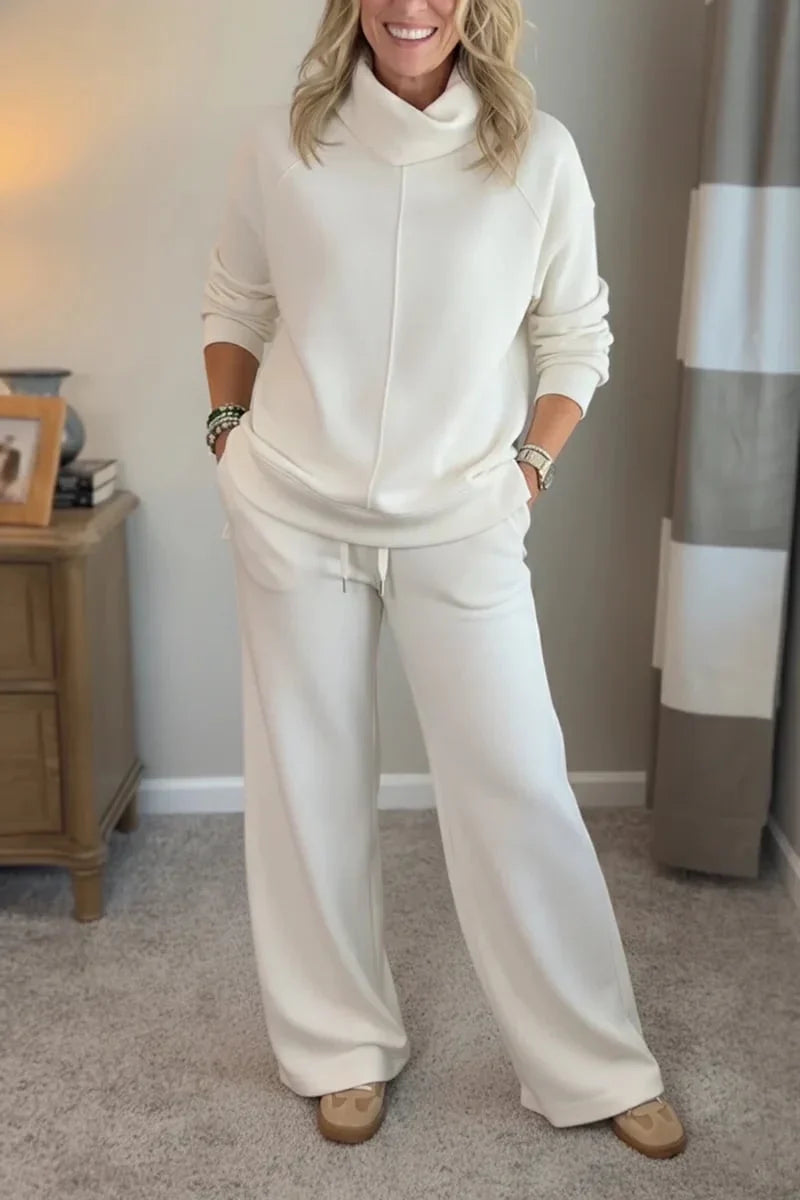 Elegante conjunto informal de dos piezas para mujer con top de cuello alto y pantalón ancho cómodo