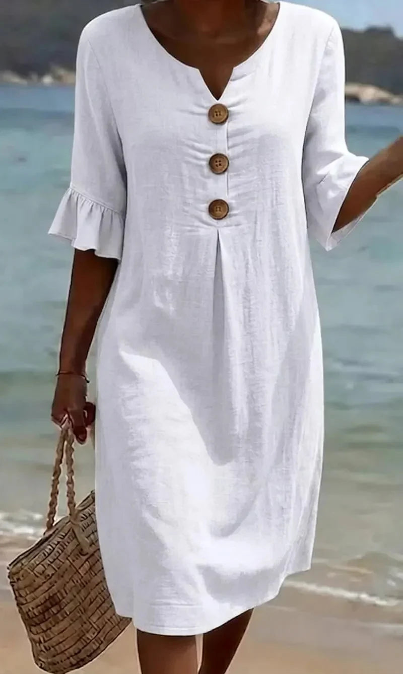 Vestido con Textura de Lino y Manga Abullonada | Estilo Elegante