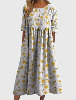 Vestido favorecedor con estampado floral, mangas tres cuartos y falda fluida para mujer, ligero y elegante para primavera o verano