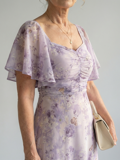 Vestido Midi con Estampado Floral y Pliegues | Manga Larga Elegante