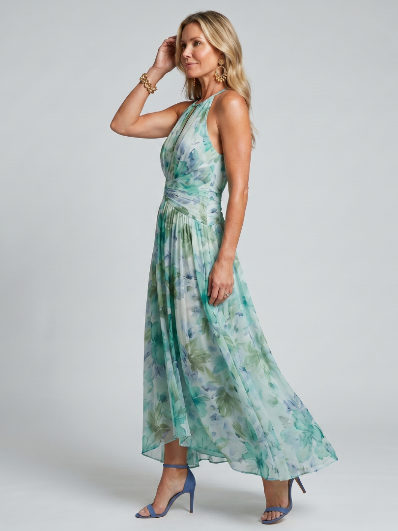 Vestido Midi Plisado Halter Suave Estampado Floral | Estilo Verano