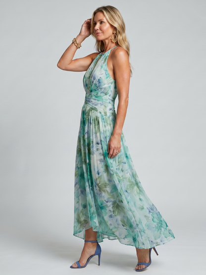 Vestido Midi Plisado Halter Suave Estampado Floral | Estilo Verano