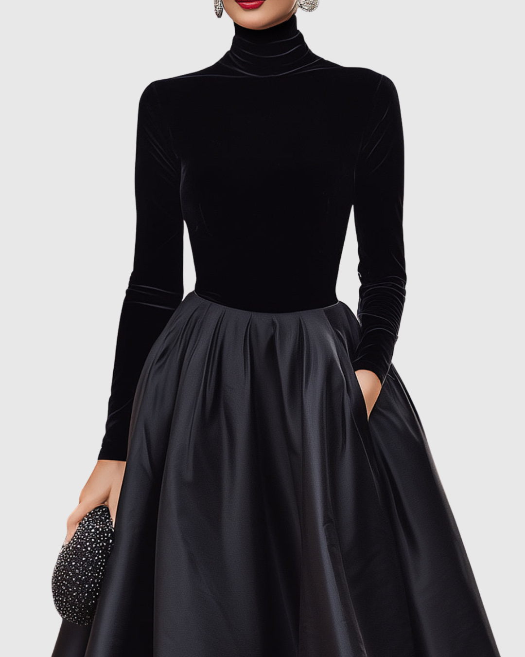 Vestido midi elegante de terciopelo y satén con cuello alto y falda amplia para mujer, sofisticado y cálido para fiesta o evento