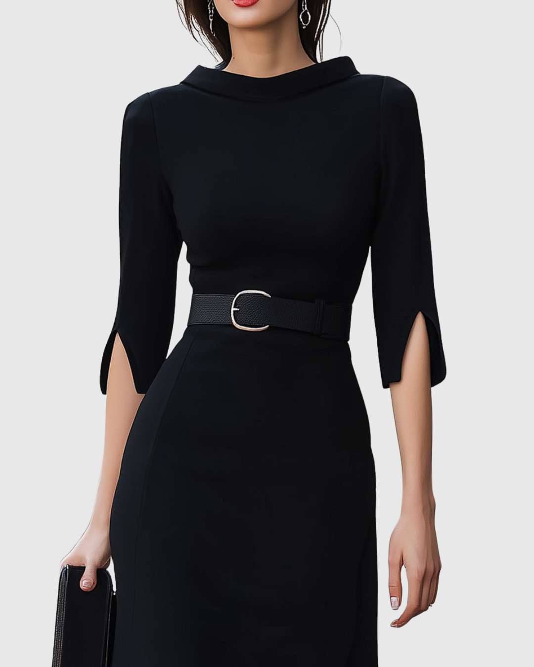 Vestido midi negro clásico con mangas tres cuartos y cintura definida para mujer