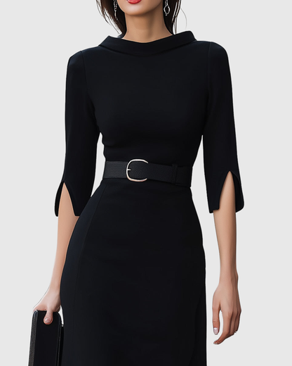 Vestido midi negro clásico con mangas tres cuartos y cintura definida para mujer