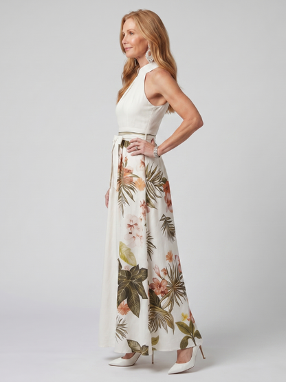 Vestido Maxi Drapeado Halter Panel Botánico | Estilo Elegante