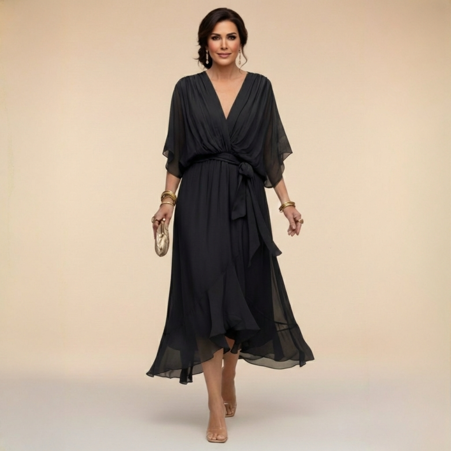 Vestido de gasa con escote en V para mujer, elegante y ligero