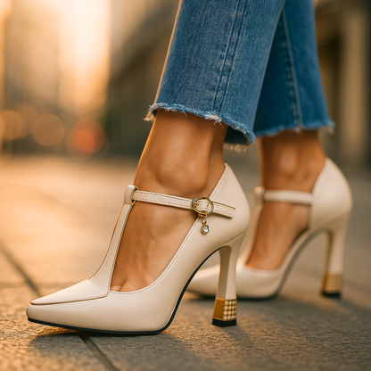 Tacones ortopédicos elegantes con correa en el empeine, punta cerrada y plantilla ergonómica para mujer, cómodos para oficina o evento