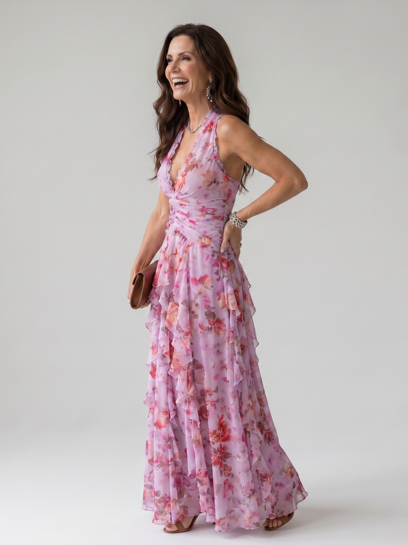 Vestido Maxi Cuello Halter Corpiño Fruncido Floral | Estilo Verano