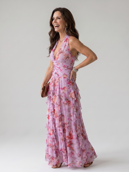 Vestido Maxi Cuello Halter Corpiño Fruncido Floral | Estilo Verano