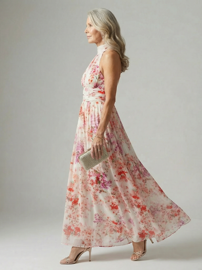 Vestido Maxi con Flujo Fácil y Cuello Halter | Diseño Floral Elegante