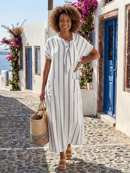 Vestido midi con corbata de botones en Blanco - fresco y elegante