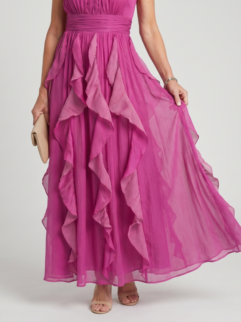 Vestido Maxi con Cuello Alto y Volantes Recogidos | Estilo Elegante