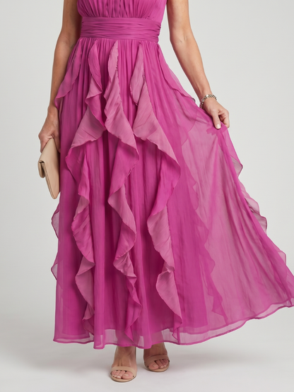 Vestido Maxi con Cuello Alto y Volantes Recogidos | Estilo Elegante