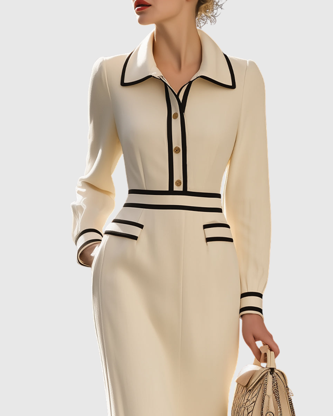 Vestido midi entallado con botones frontales, cuello clásico y cintura definida para mujer