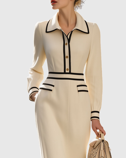 Vestido midi entallado con botones frontales, cuello clásico y cintura definida para mujer
