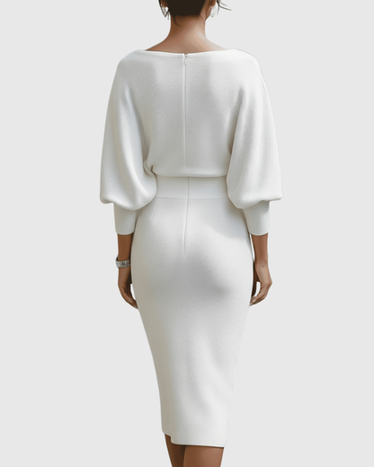 Vestido midi drapeado con mangas murciélago y escote elegante para mujer, sofisticado y cómodo para oficina o evento