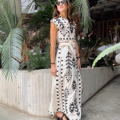 Conjunto de verano de dos piezas con top sin mangas y falda larga estampada para mujer, ligero y elegante