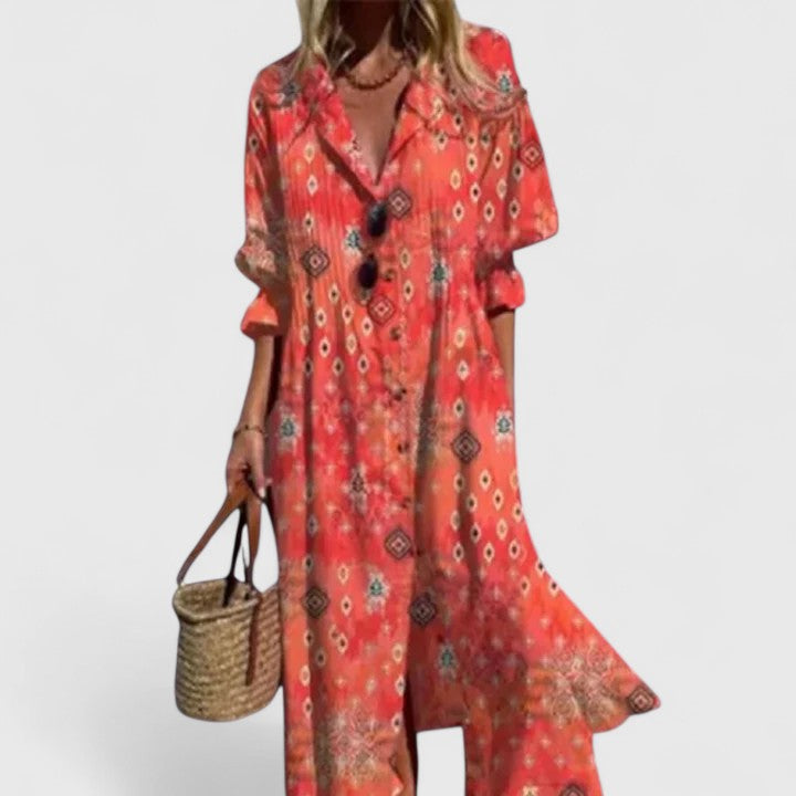 Vestido bohemio elegante con estampado artístico, escote en V con botones y falda midi fluida para mujer