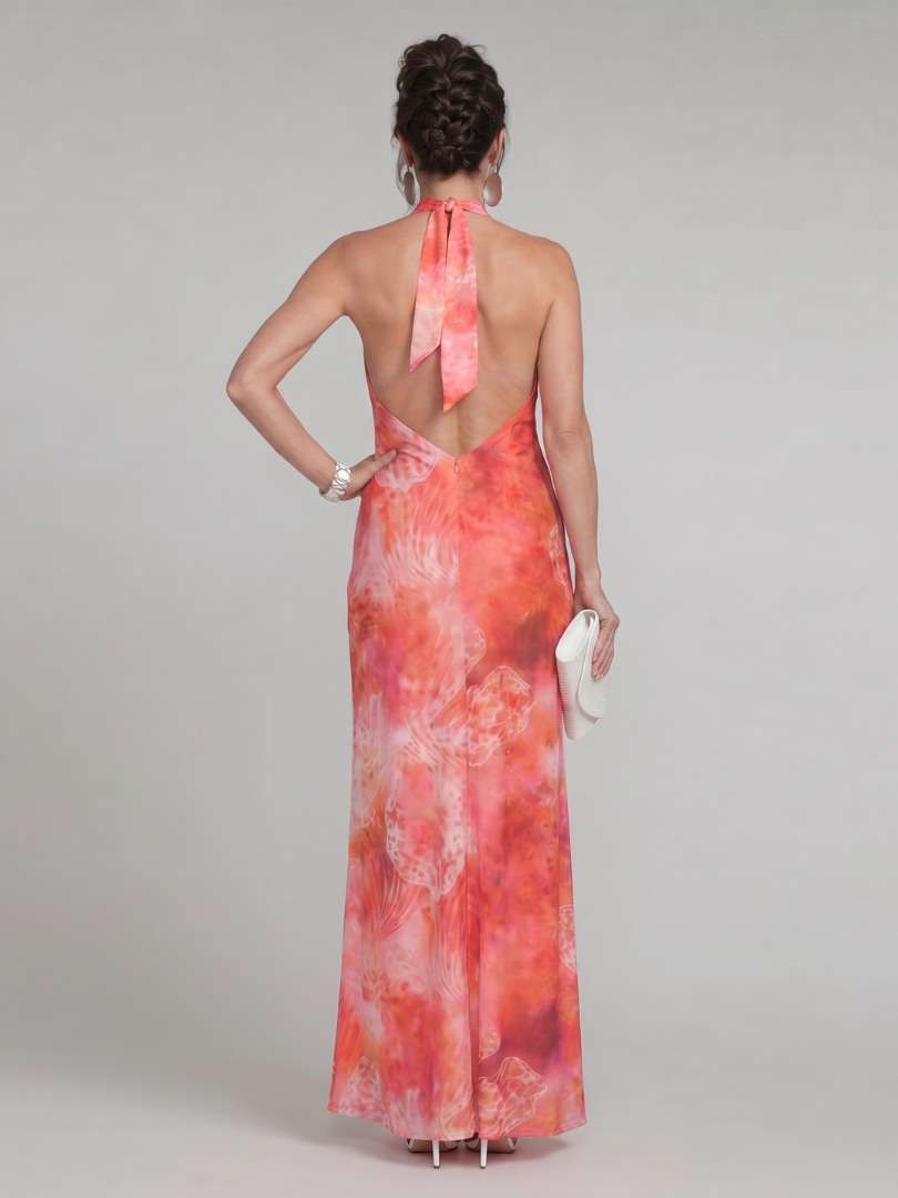 Vestido Maxi con Cuello Halter y Estampado Botánico | Diseño Elegante