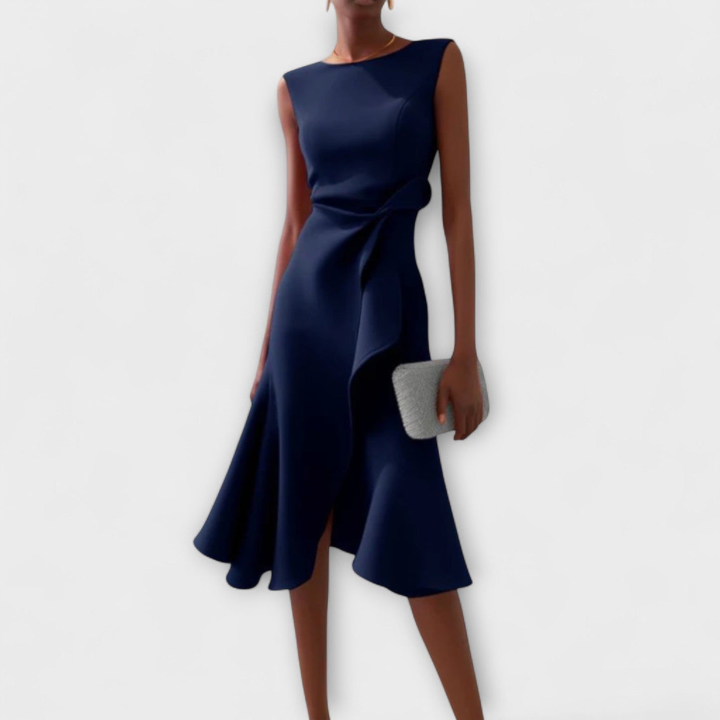 Vestido midi sofisticado sin mangas con cintura entallada y falda con vuelo para mujer