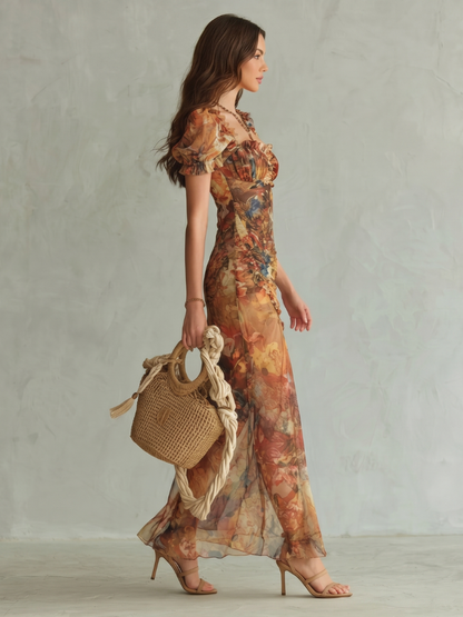 Vestido Midi con Manga Abullonada y Abertura Lateral | Estilo Elegante