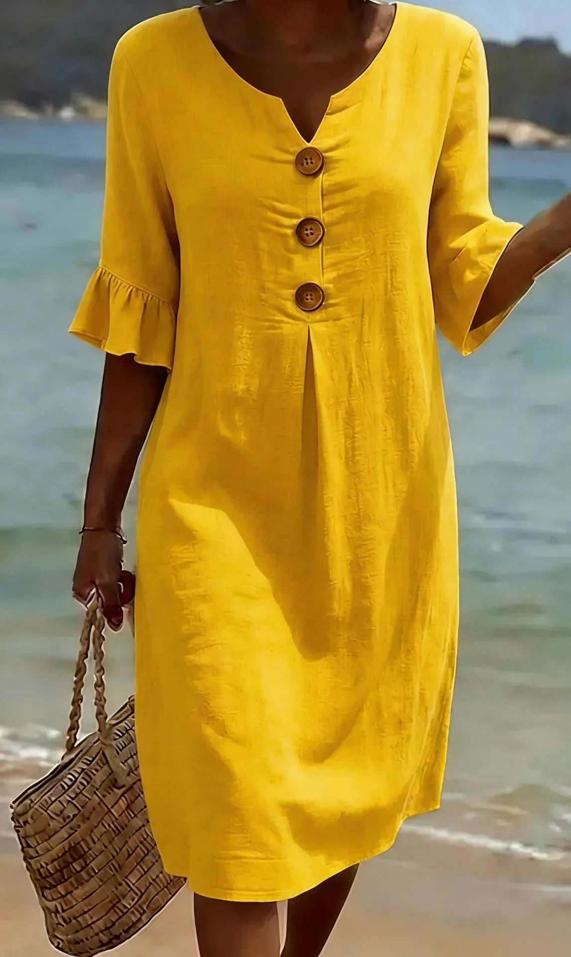 Vestido de lino con manga abullonada para mujer - fresco y elegante