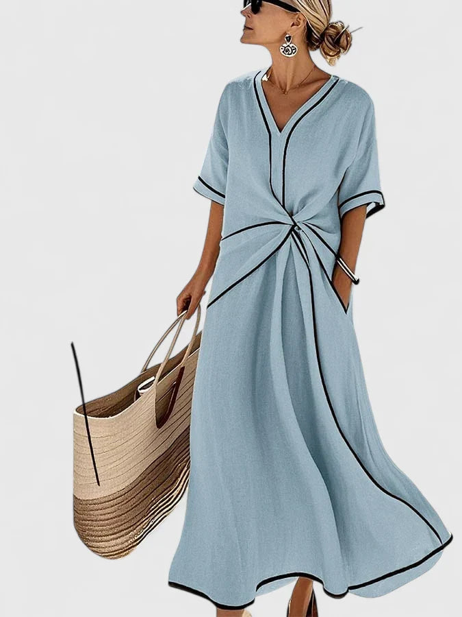 Vestido maxi elegante con escote en V y detalle fruncido en la cintura para mujer, ligero y sofisticado para verano o evento