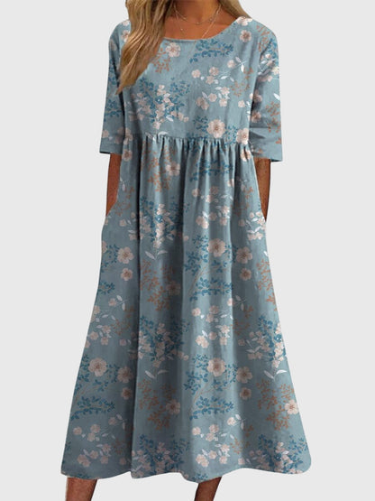 Vestido favorecedor con estampado floral, mangas tres cuartos y falda fluida para mujer, ligero y elegante para primavera o verano