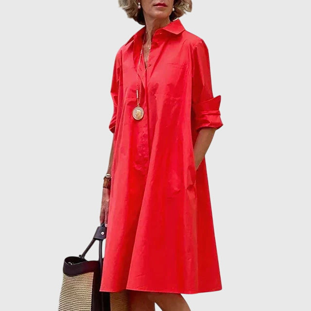 Vestido elegante con botones frontales, cuello camisero y bolsillos laterales para mujer, ligero y versátil para oficina o diario