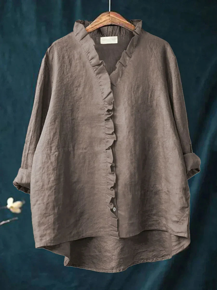 Camisa femenina con volantes de algodón y lino con diseño fluido para mujer, ligera y chic para verano