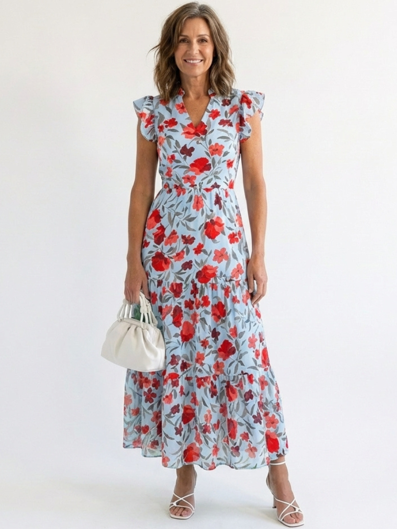 Vestido midi floral con capas en Verde y Azul claro - fresco y elegante