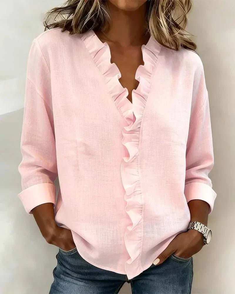 Blusa femenina con volantes, cuello en V y corte fluido para mujer, cómoda y sofisticada