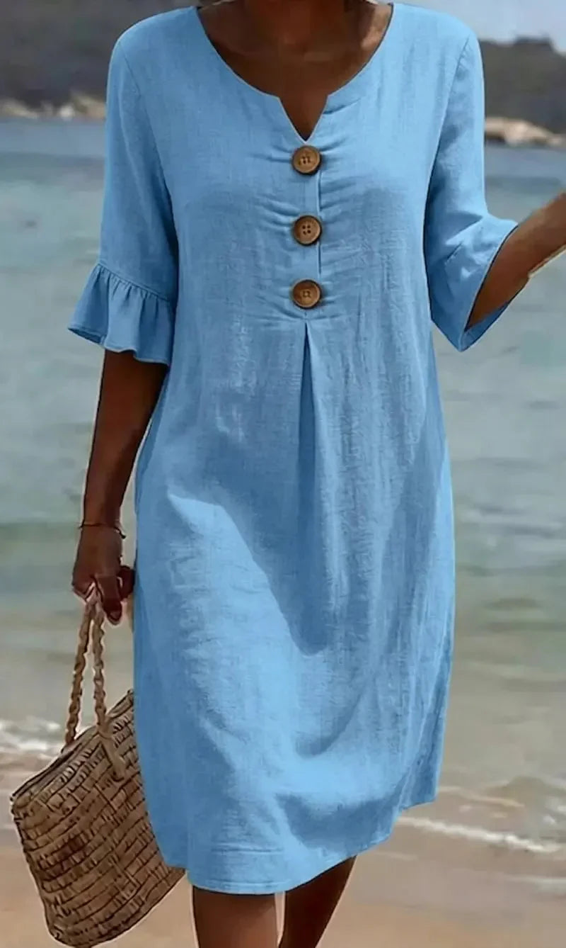 Vestido con Textura de Lino y Manga Abullonada | Estilo Elegante