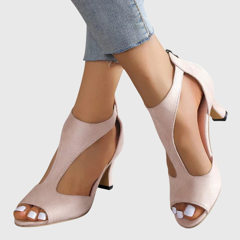 Sandalias de tacón ortopédico con punta abierta, correa en el tobillo y plantilla ergonómica para mujer