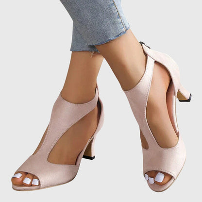 Sandalias de tacón ortopédico con punta abierta, correa en el tobillo y plantilla ergonómica para mujer