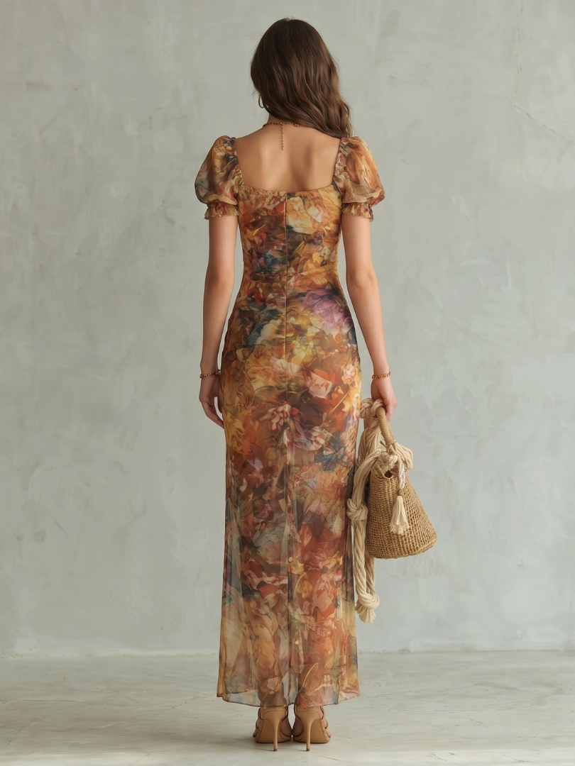 Vestido Midi con Manga Abullonada y Abertura Lateral | Estilo Elegante