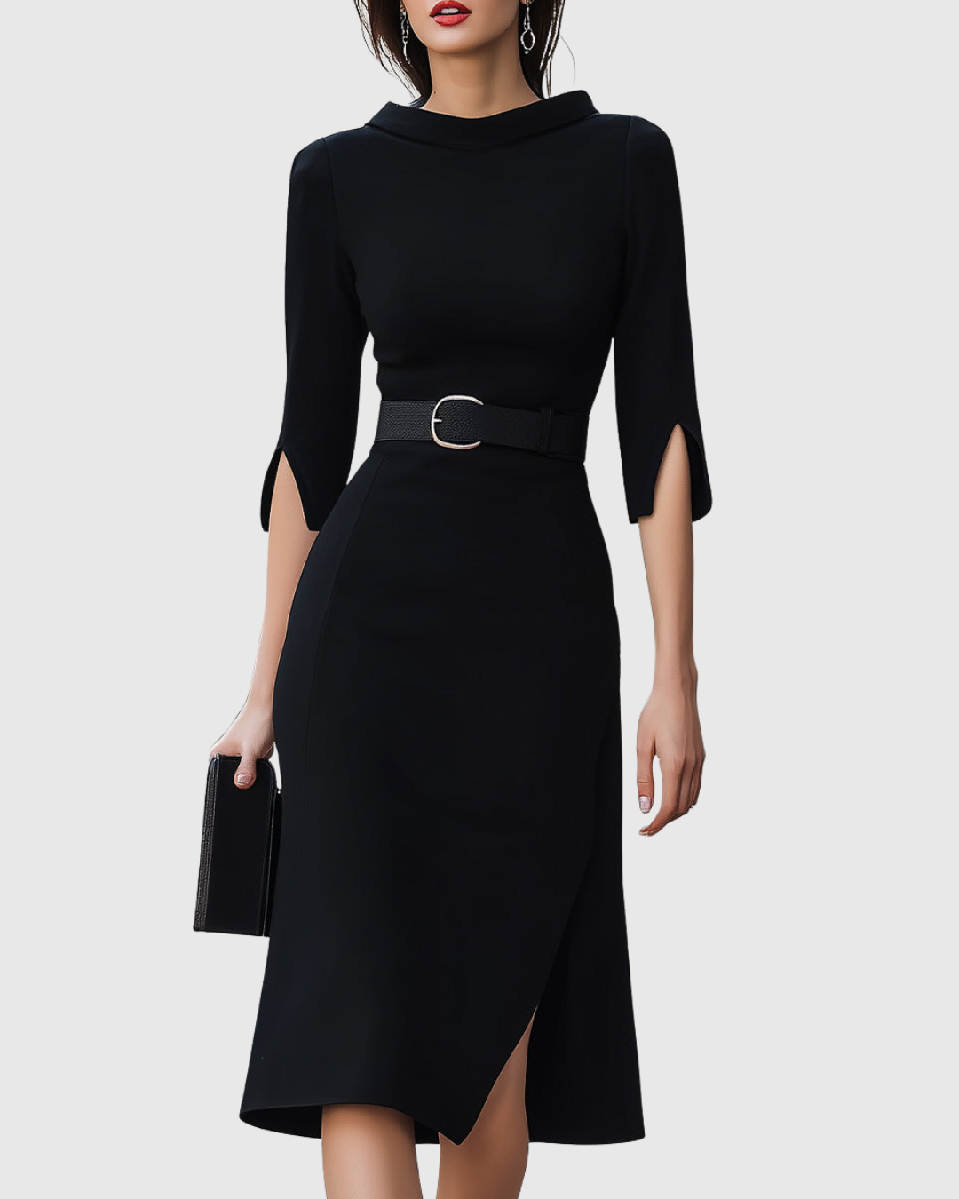 Vestido midi negro clásico con mangas tres cuartos y cintura definida para mujer