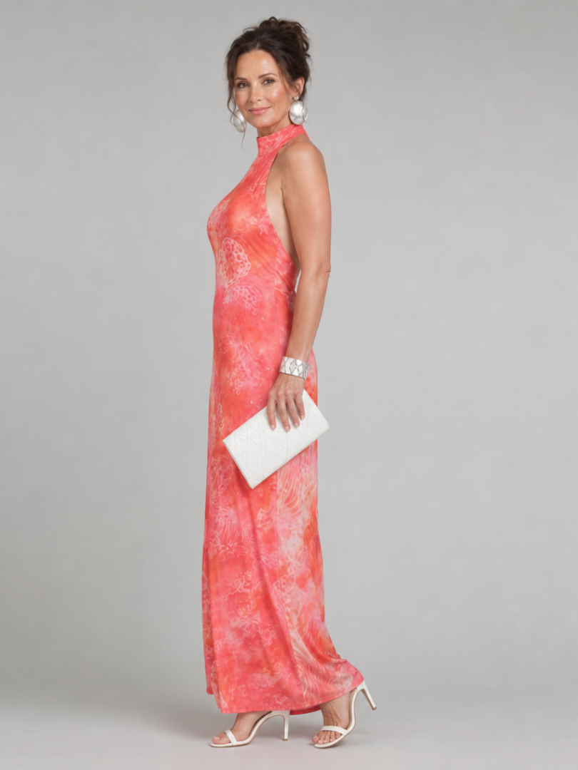Vestido Maxi con Cuello Halter y Estampado Botánico | Diseño Elegante