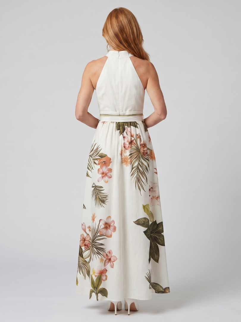 Vestido Maxi Drapeado Halter Panel Botánico | Estilo Elegante