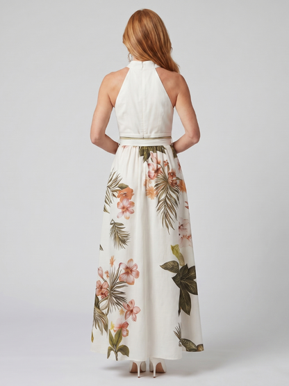 Vestido Maxi Drapeado Halter Panel Botánico | Estilo Elegante