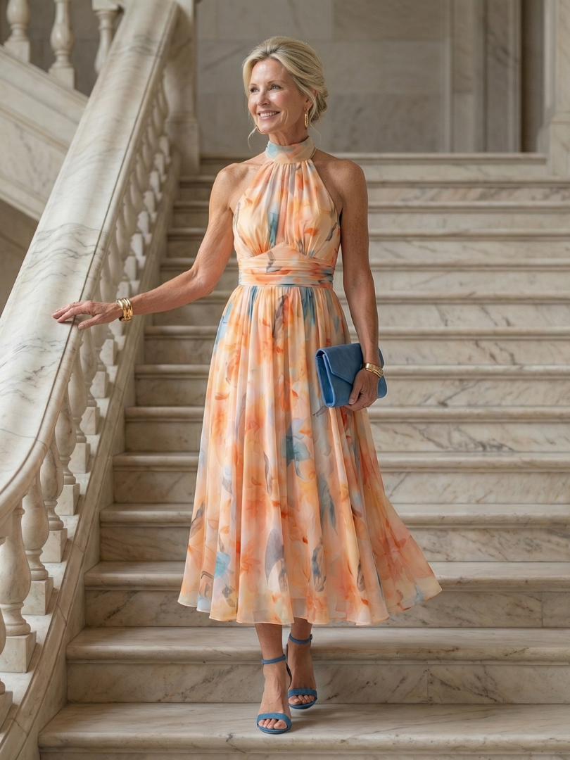Vestido Midi Suave con Cuello Halter y Efecto Recogido | Diseño Elegante